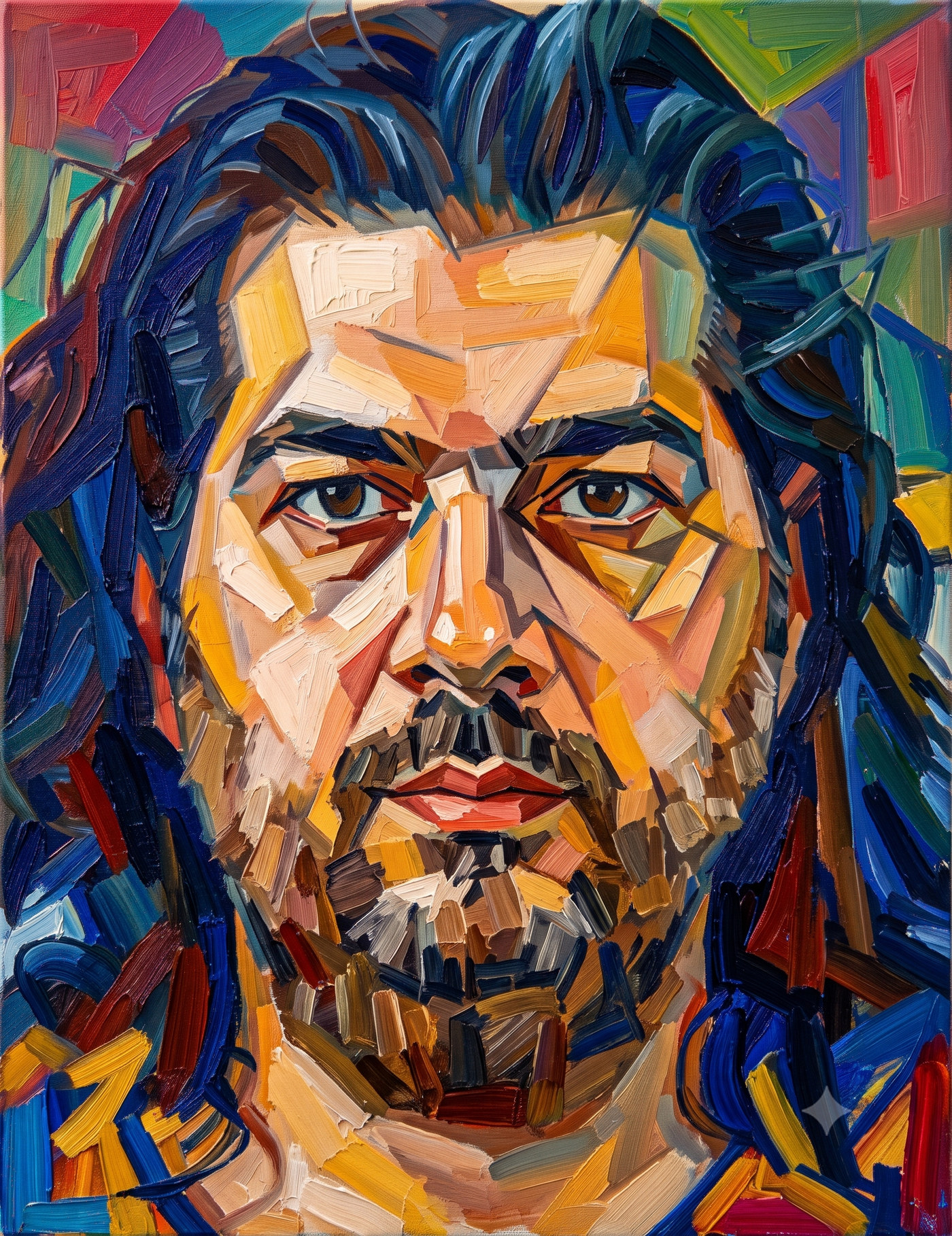 Cubist oil portrait of Sasan Hejrani